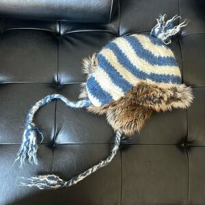 American Eagle Striped Trapper Hat Pom Pom Alpaca Wool Faux Fur